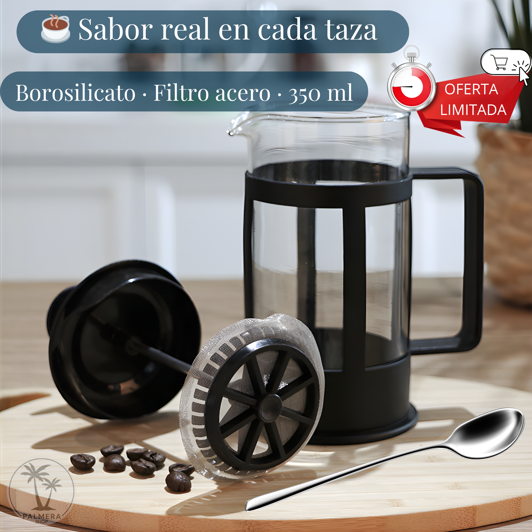 Prensa Francesa Borosilicato Filtro De Acero Inoxidable 350m